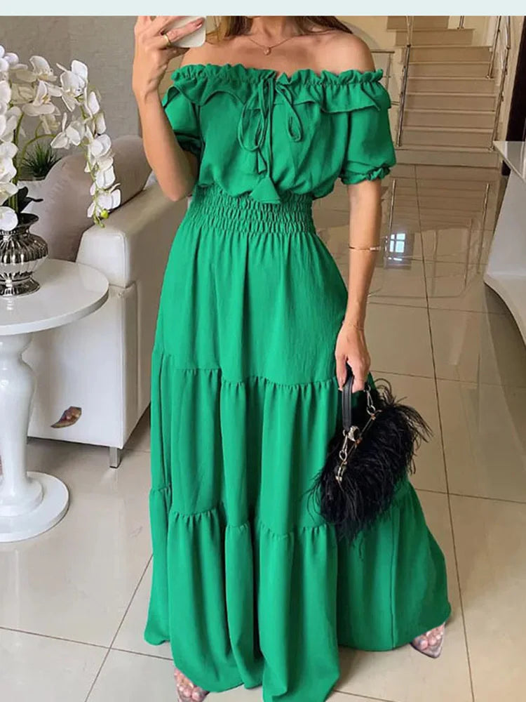 Women's Boho Maxi Dress Solid Off Shoulder Beachwear