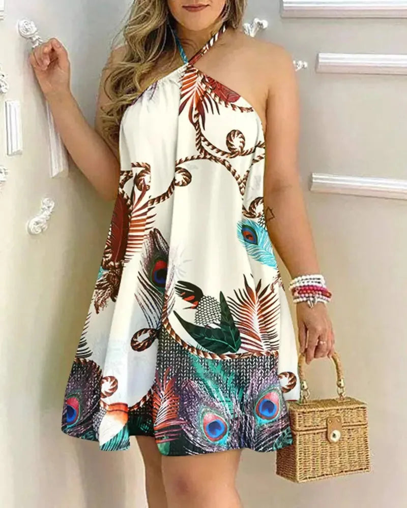 khaki owl Color Boho Floral Halter Mini Dress – Backless Beach Style