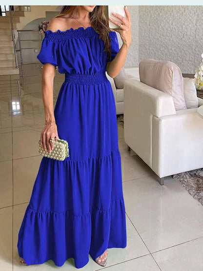2 Color Women's Boho Maxi Dress Solid Off Shoulder Beachwear