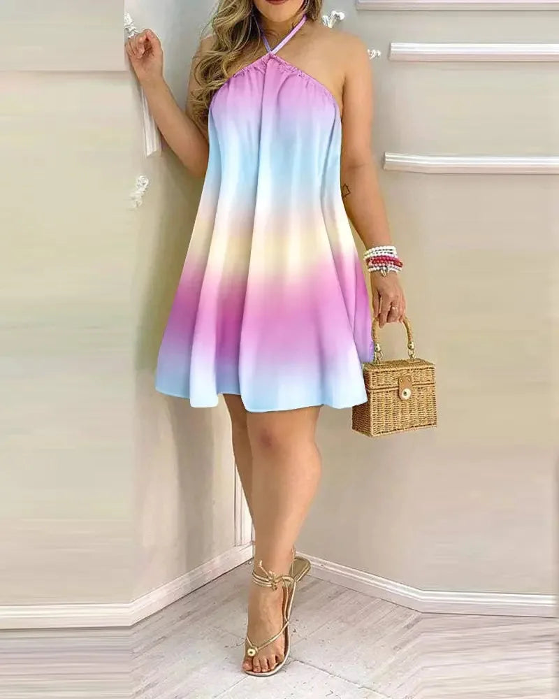 rainbow Color Boho Floral Halter Mini Dress – Backless Beach Style