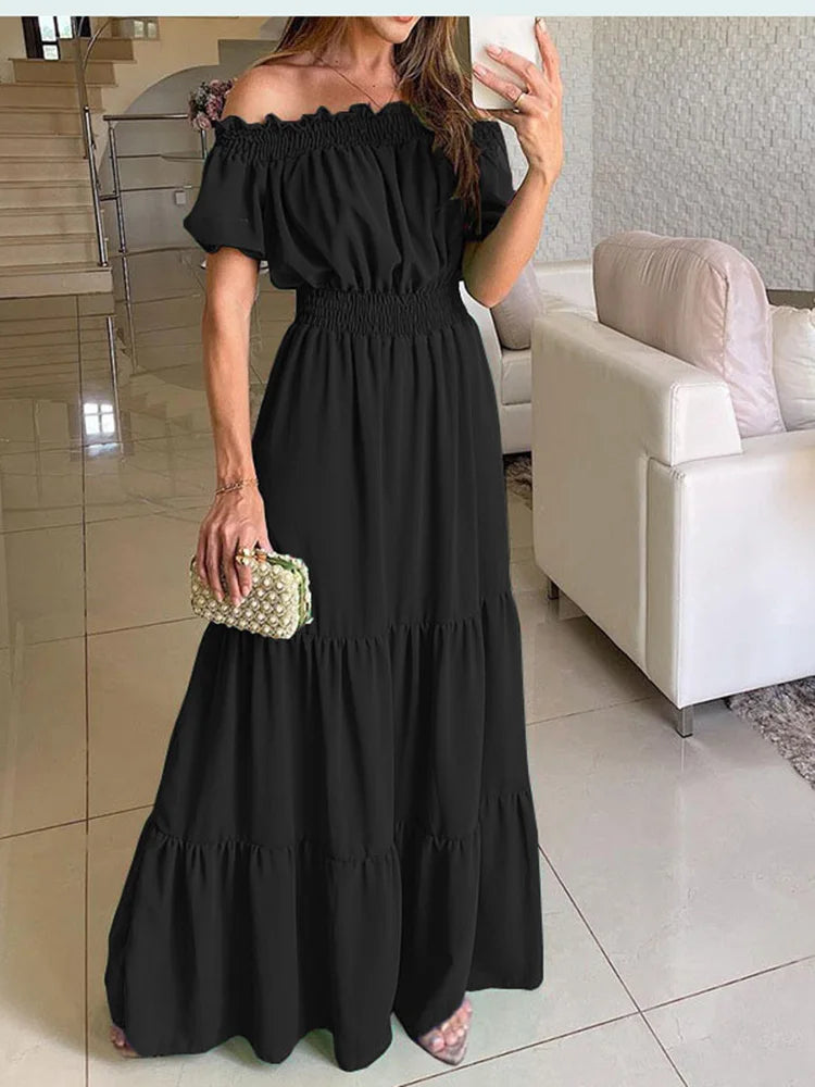 1 Color Women's Boho Maxi Dress Solid Off Shoulder Beachwear