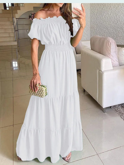 6 Color Women's Boho Maxi Dress Solid Off Shoulder Beachwear