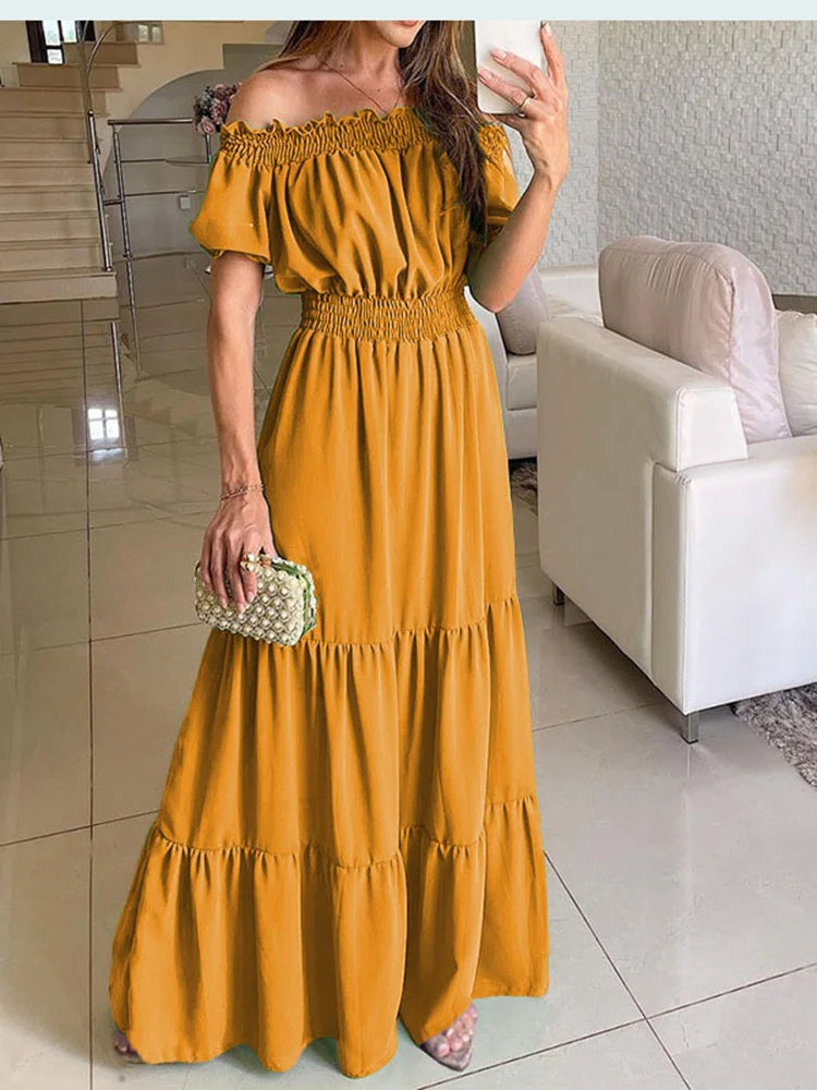 7 Color Women's Boho Maxi Dress Solid Off Shoulder Beachwear