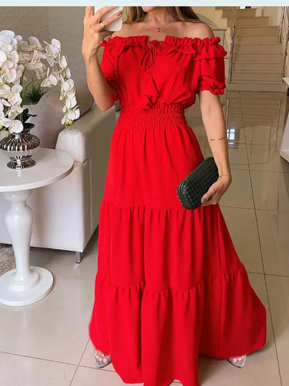 Women's Boho Maxi Dress Solid Off Shoulder Beachwear