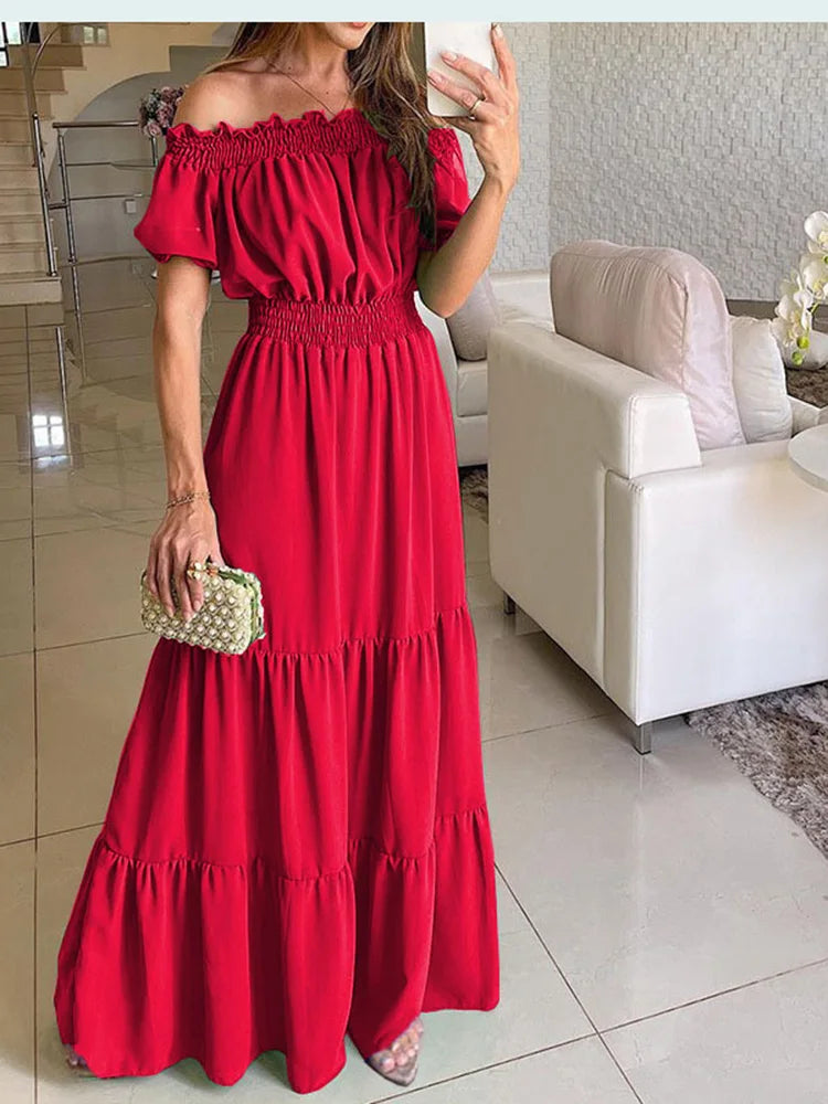 8 Color Women's Boho Maxi Dress Solid Off Shoulder Beachwear