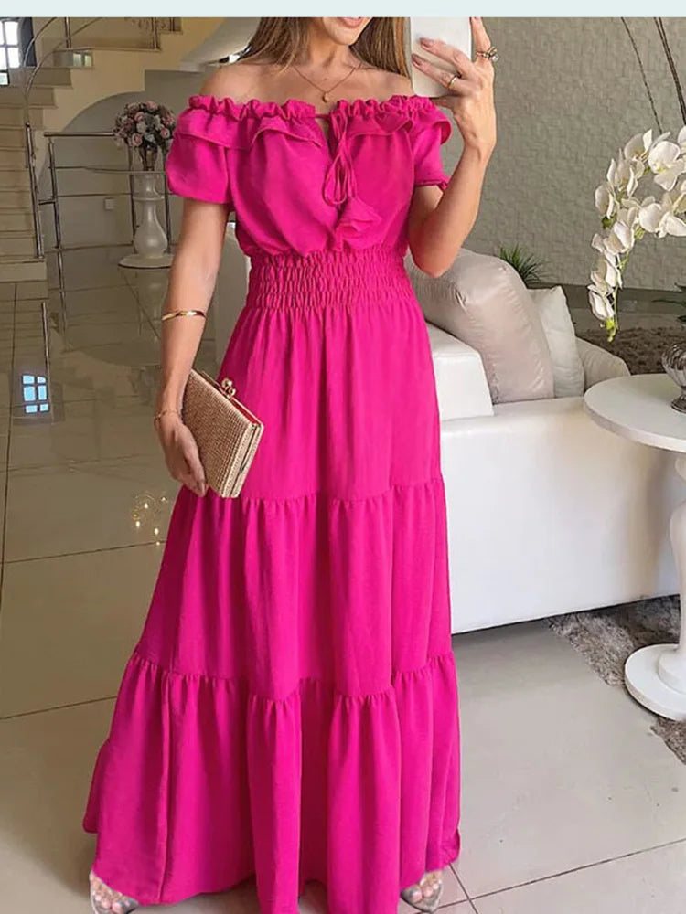 10 Color Women's Boho Maxi Dress Solid Off Shoulder Beachwear