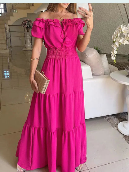 Women's Boho Maxi Dress Solid Off Shoulder Beachwear