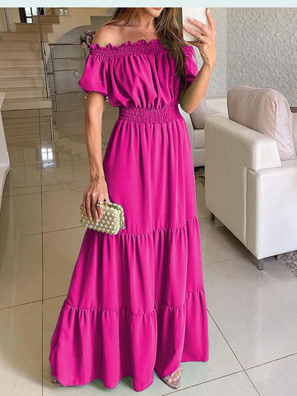 9 Color Women's Boho Maxi Dress Solid Off Shoulder Beachwear